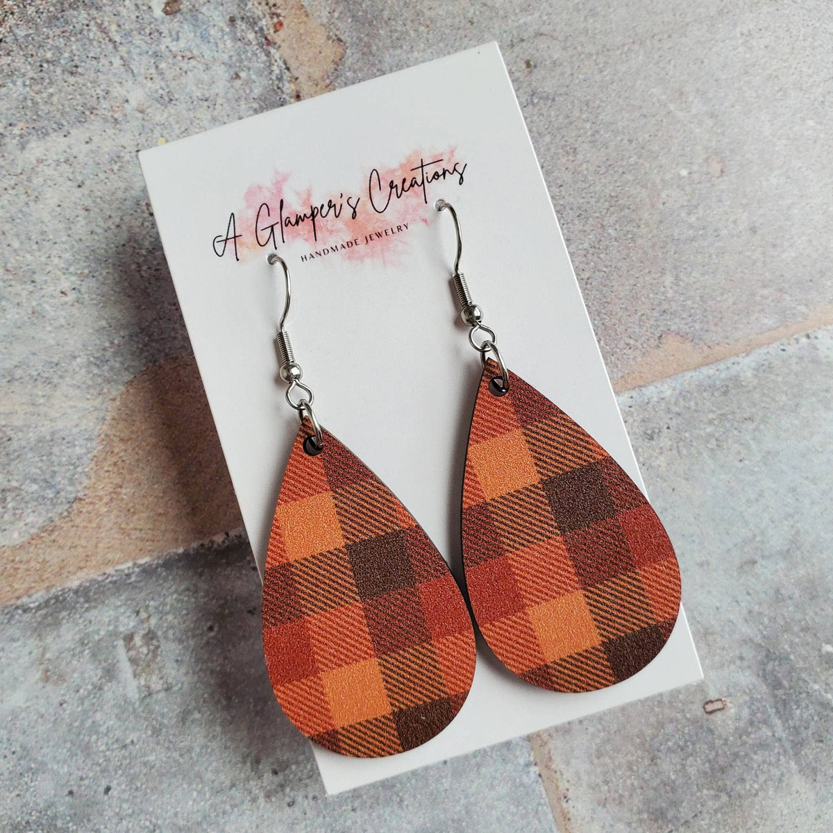 Fall Plaid Wooden Teardrop Earrings