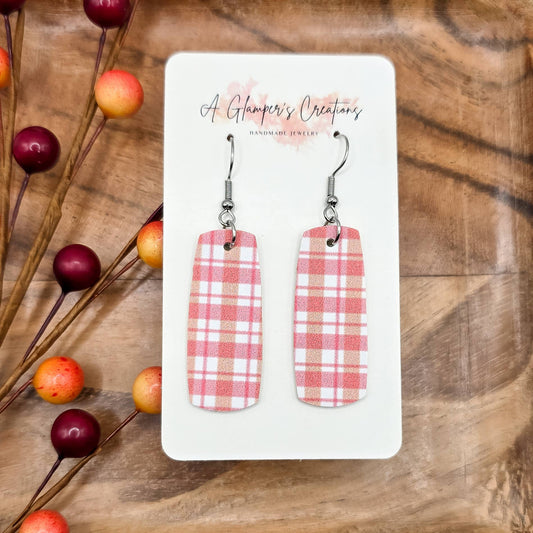 Pink Plaid Mini Bar Leather Earrings