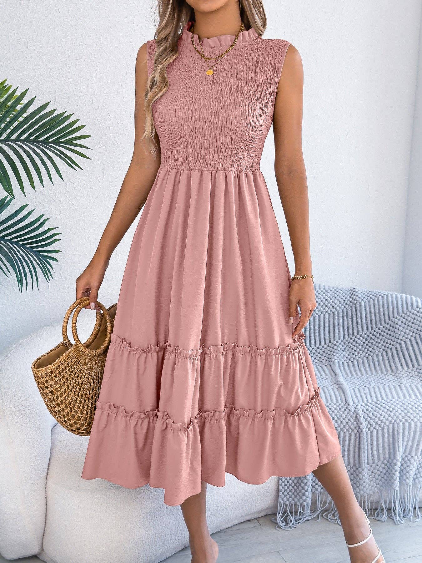 Smocked Sleeveless Midi Dress