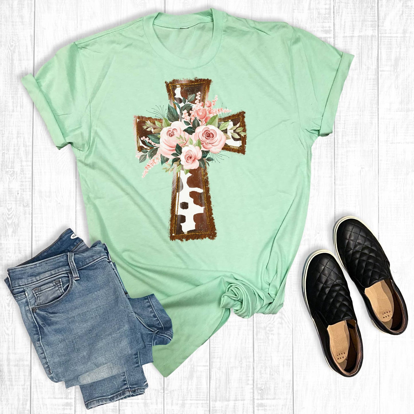 Cow Print Floral Cross Tee