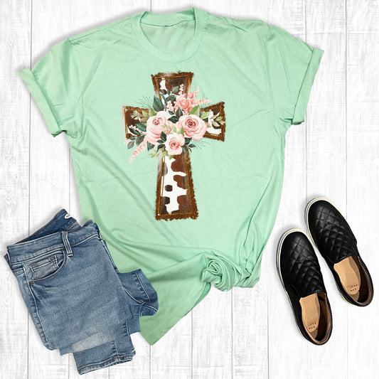 Cow Print Floral Cross Tee