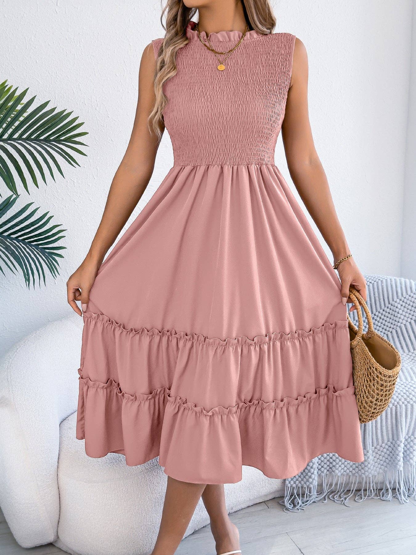 Smocked Sleeveless Midi Dress