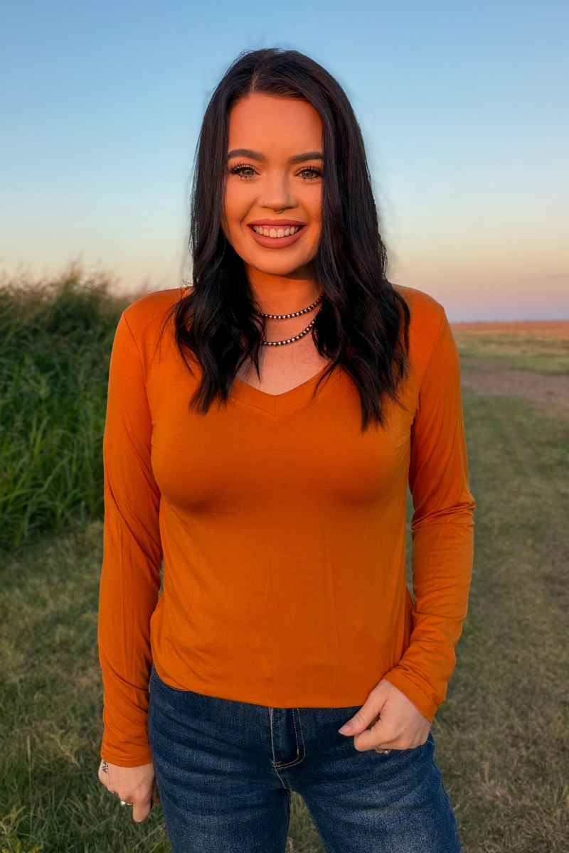 Long Sleeve V-neck: Pumpkin