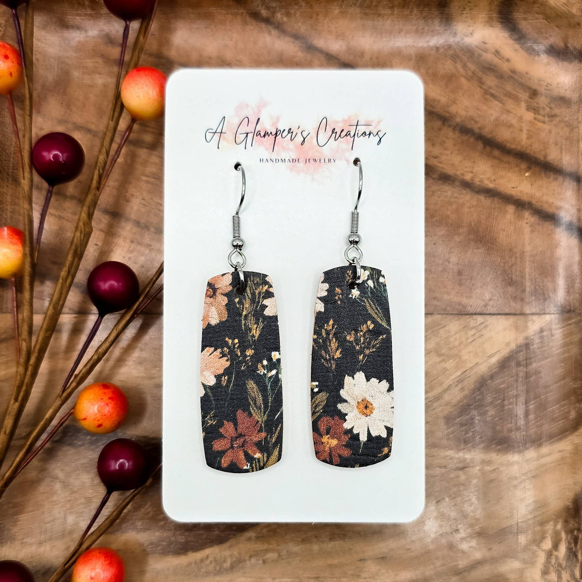 Dark Fall Floral Mini Bar Leather Earrings