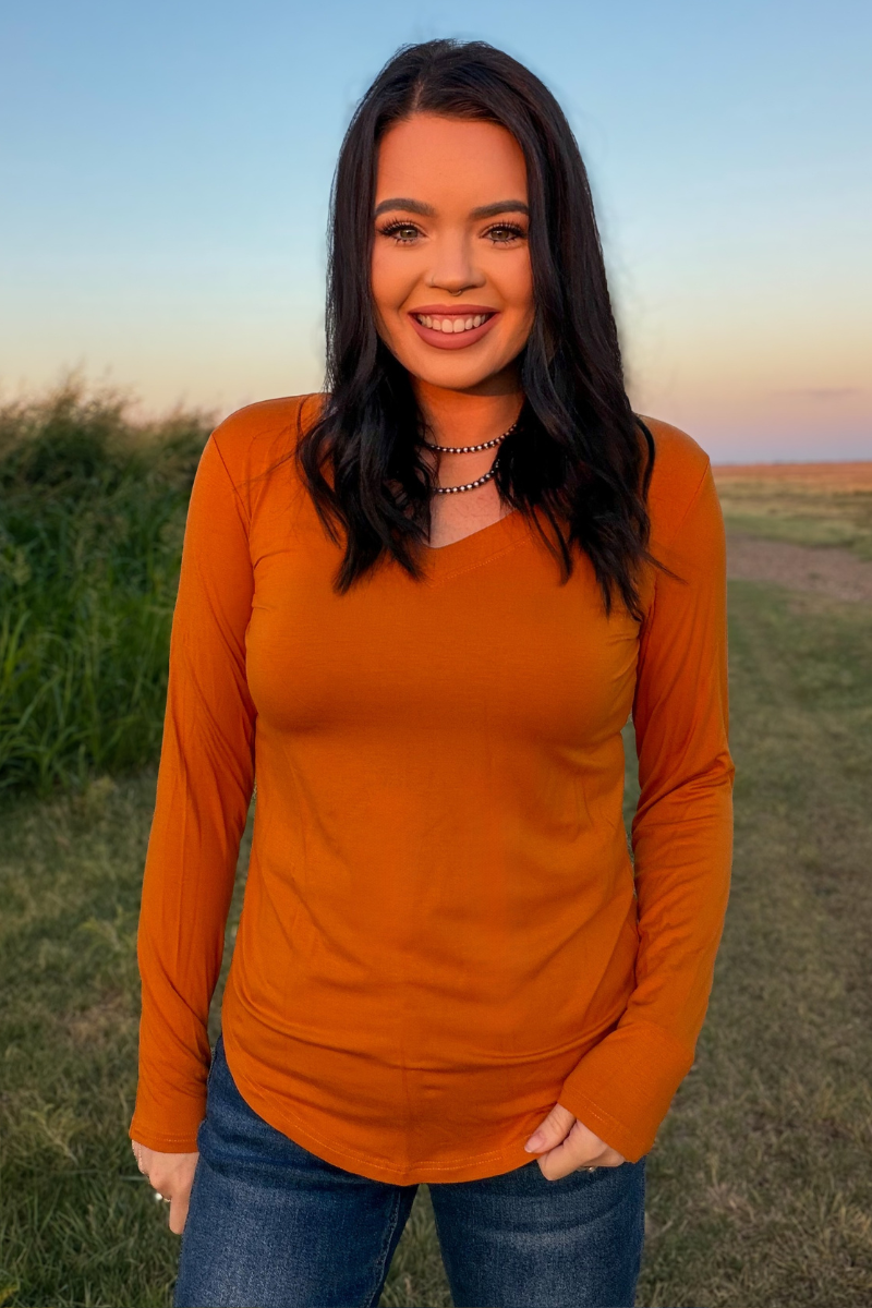Long Sleeve V-neck: Pumpkin