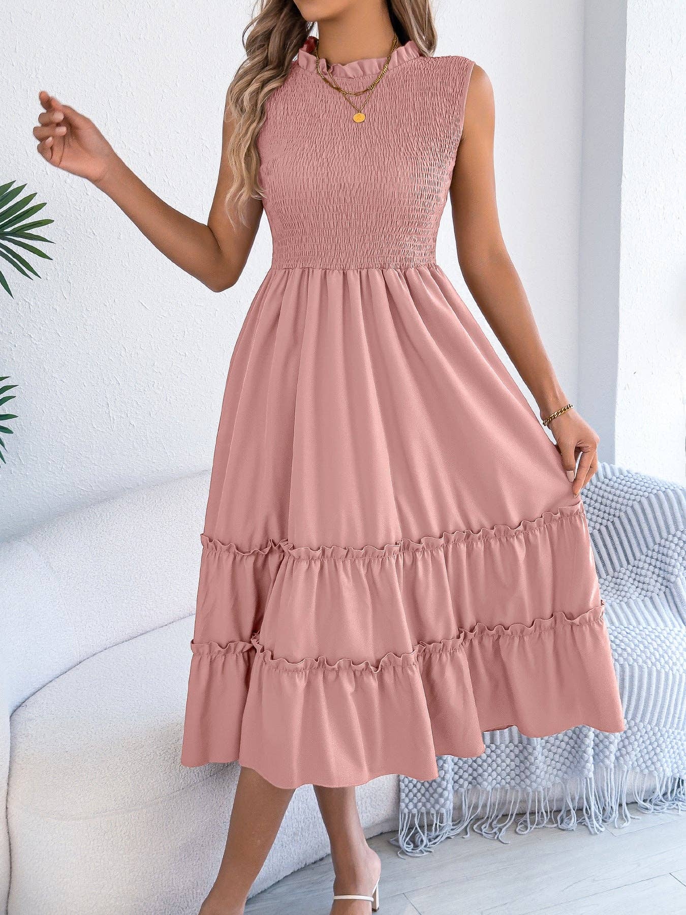 Smocked Sleeveless Midi Dress