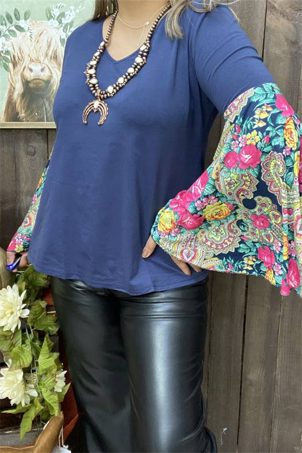 Blue/floral printed bell long sleeve