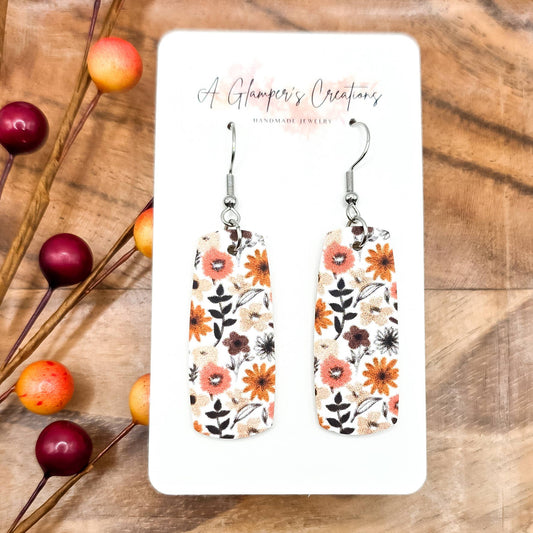 Fall Floral on White Mini Bar Leather Earrings