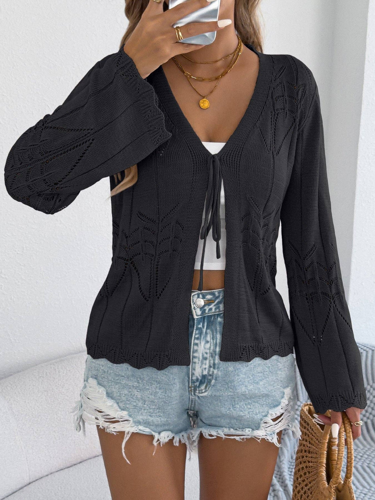 Crochet Knit Tie Front Cardigan Bell Sleeve Top