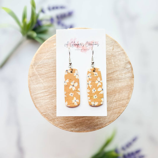 White Floral on Mustard Mini Bar Leather Earrings