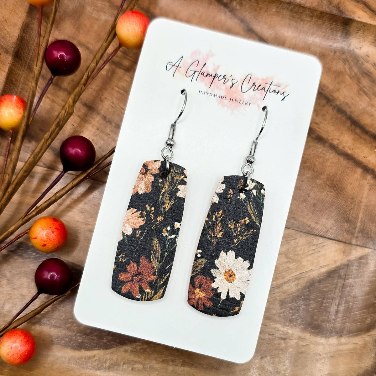 Dark Fall Floral Mini Bar Leather Earrings