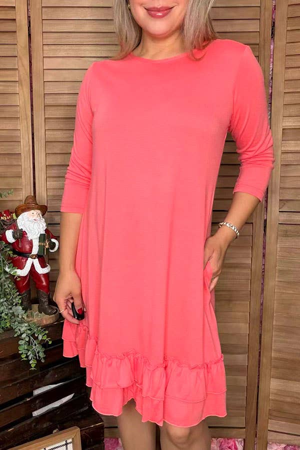 Pink 3/4 sleeves ruffled dress