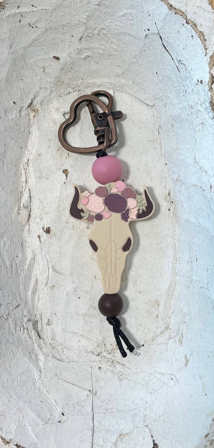 Silicone skull flowers keyring