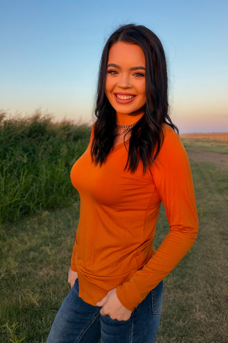 Long Sleeve V-neck: Pumpkin
