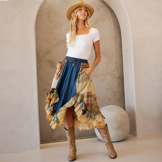 Boho Patchwork Midi Skirt