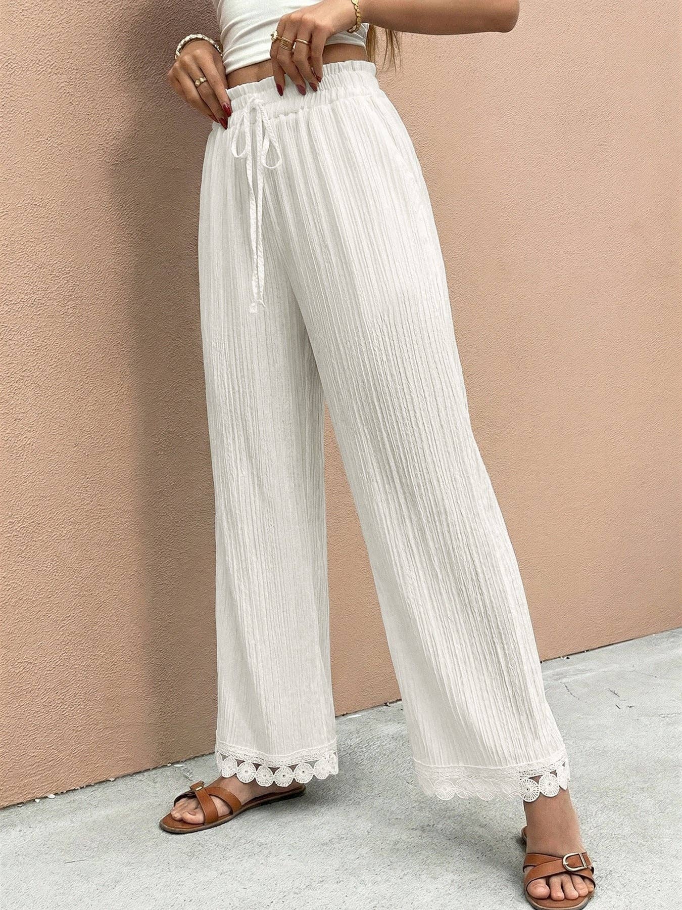 Lace Trim Wide Leg Trousers