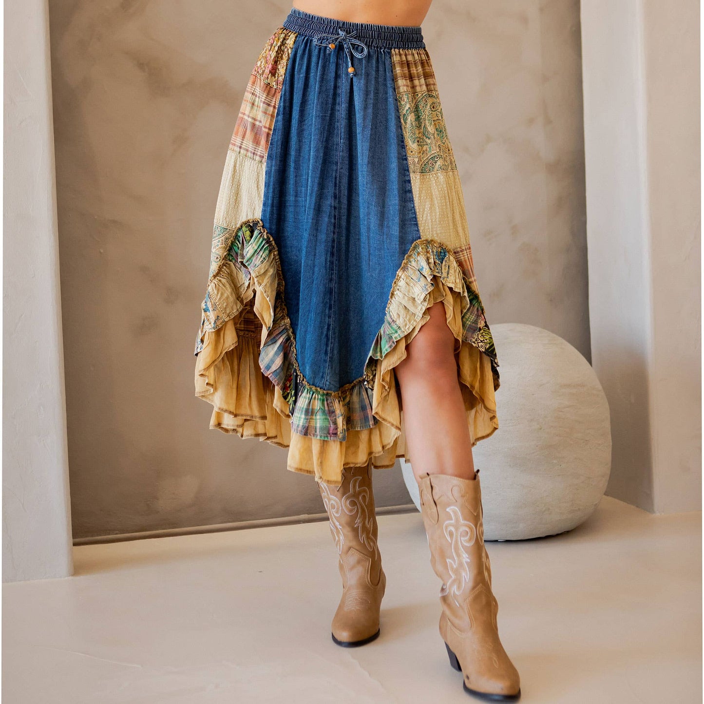 Boho Patchwork Midi Skirt