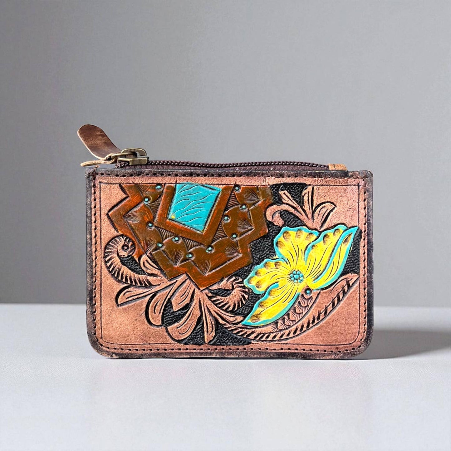 Aloha tooled leather & cowhide coin pouch 