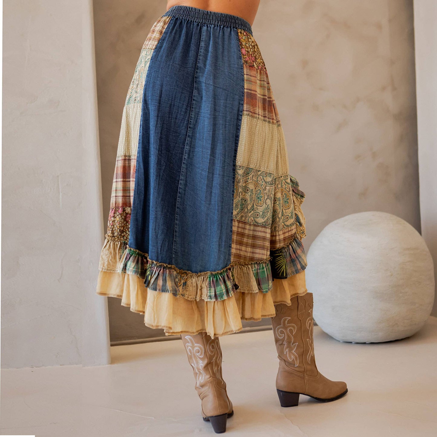 Boho Patchwork Midi Skirt