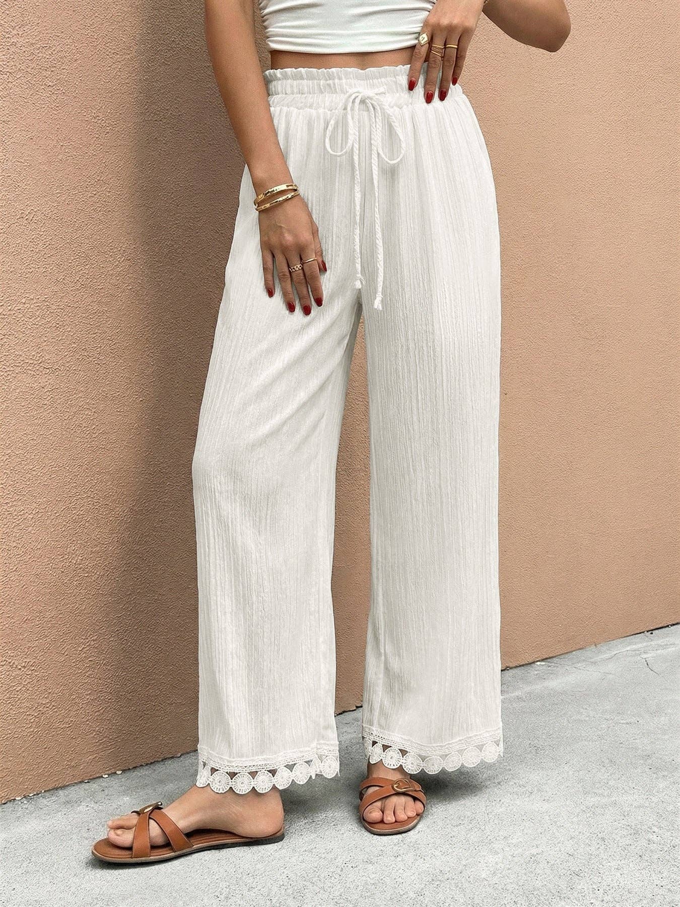 Lace Trim Wide Leg Trousers