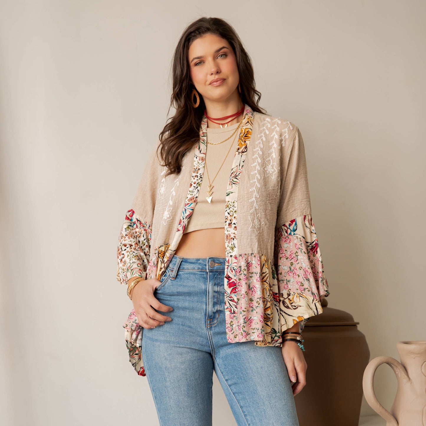Floral Open Front Lace Trim Cardigan