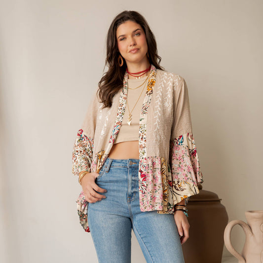 Floral Open Front Lace Trim Cardigan