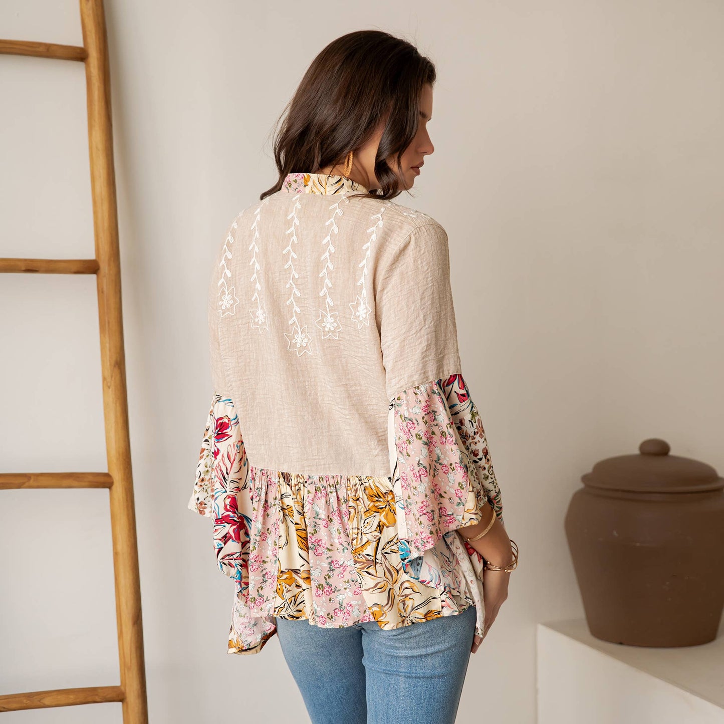 Floral Open Front Lace Trim Cardigan