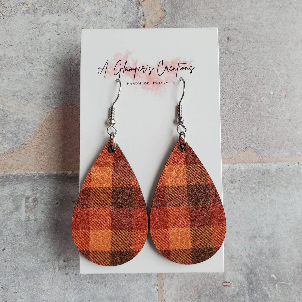 Fall Plaid Wooden Teardrop Earrings