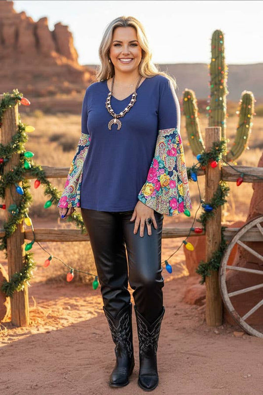 Blue/floral printed bell long sleeve