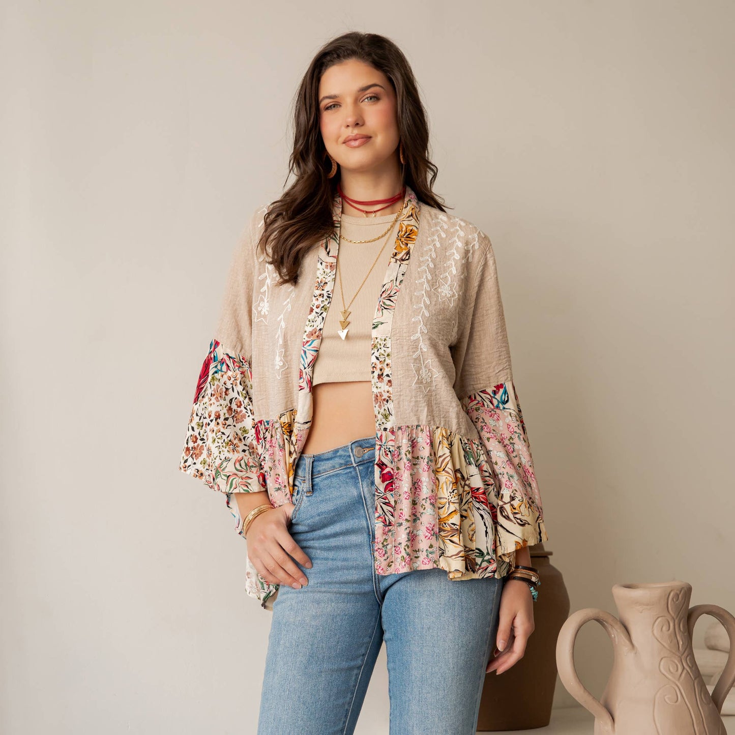 Floral Open Front Lace Trim Cardigan