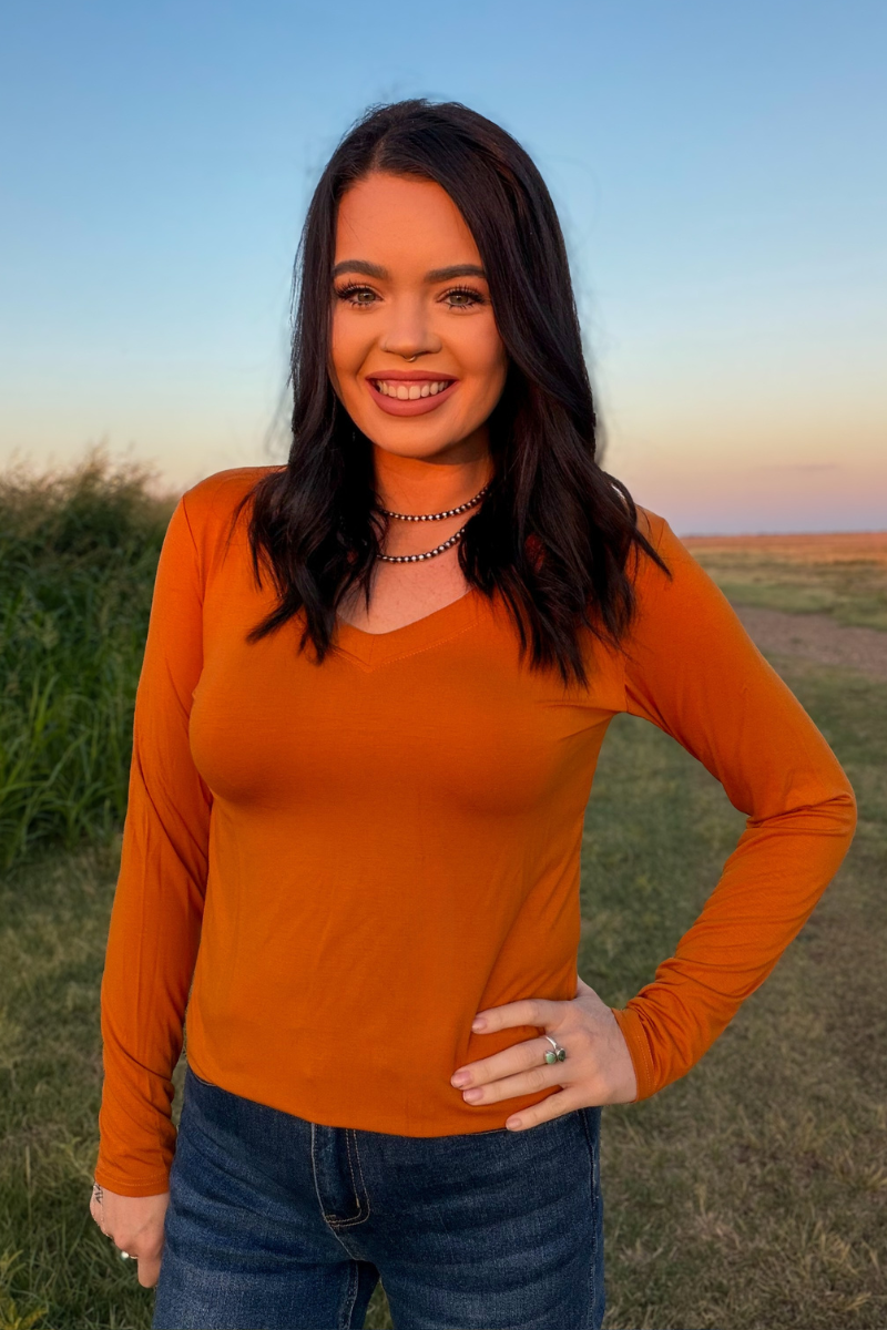 Long Sleeve V-neck: Pumpkin