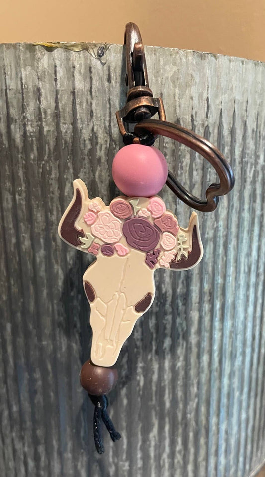Silicone skull flowers keyring