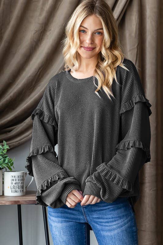 PUFF SLEEVE SOLID URBAN RIBBED TOP