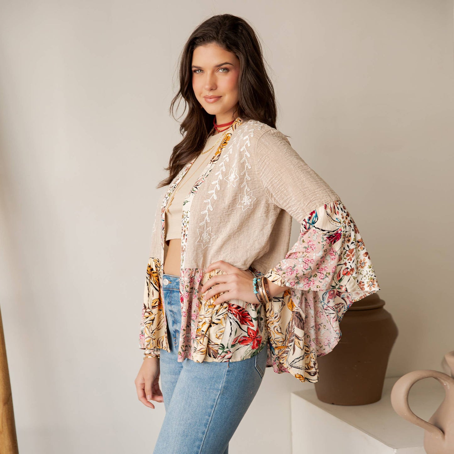 Floral Open Front Lace Trim Cardigan