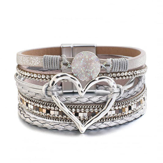 Boho Layered Leather Heart Rhinestone Magnetic Bracelet