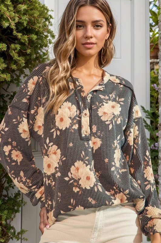 LONG SLEEVE FLORAL BUTTON UP TOP
