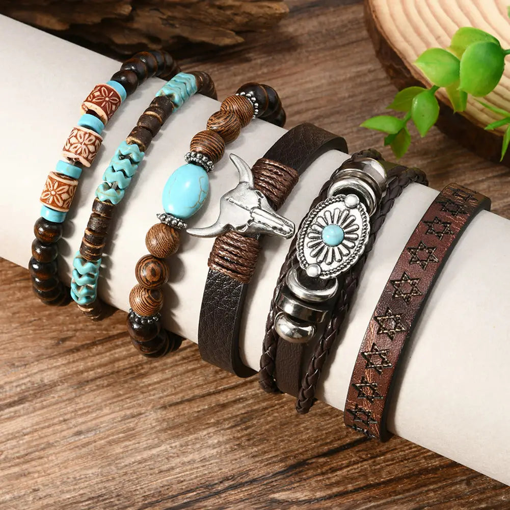 Western Bull Skull Turquoise Beaded Layer Bracelet Set