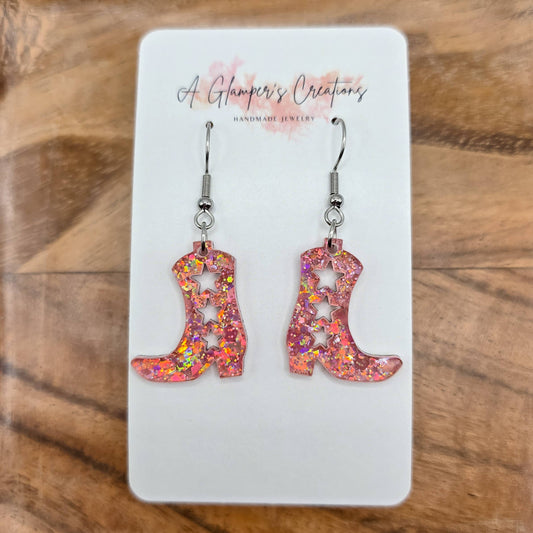 Pink Sparkly Glitter Cowgirl Boots Acrylic Earrings