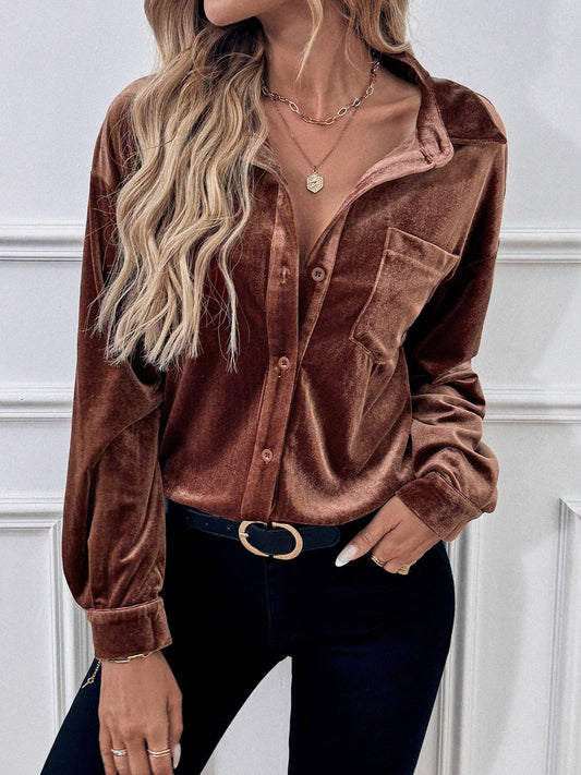 Velvet Button-Up Lantern Sleeve Blouse