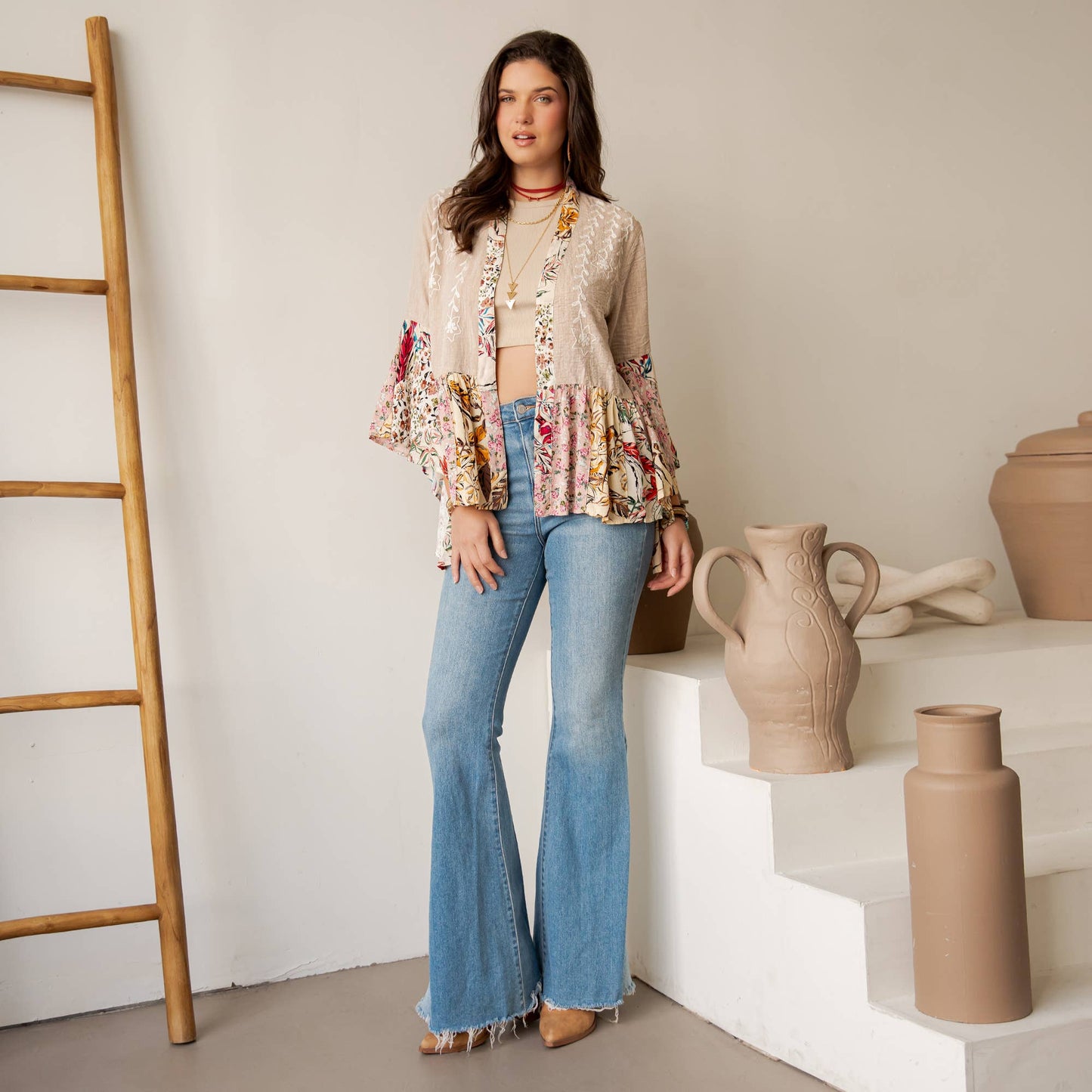 Floral Open Front Lace Trim Cardigan
