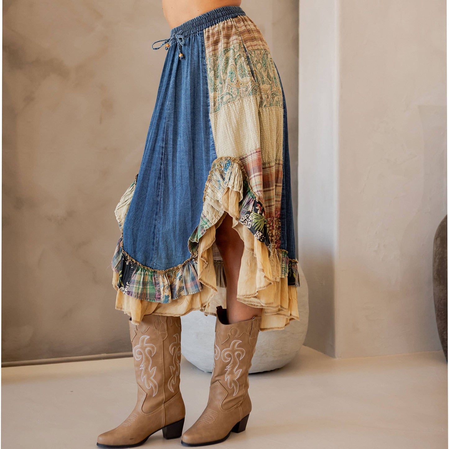 Boho Patchwork Midi Skirt
