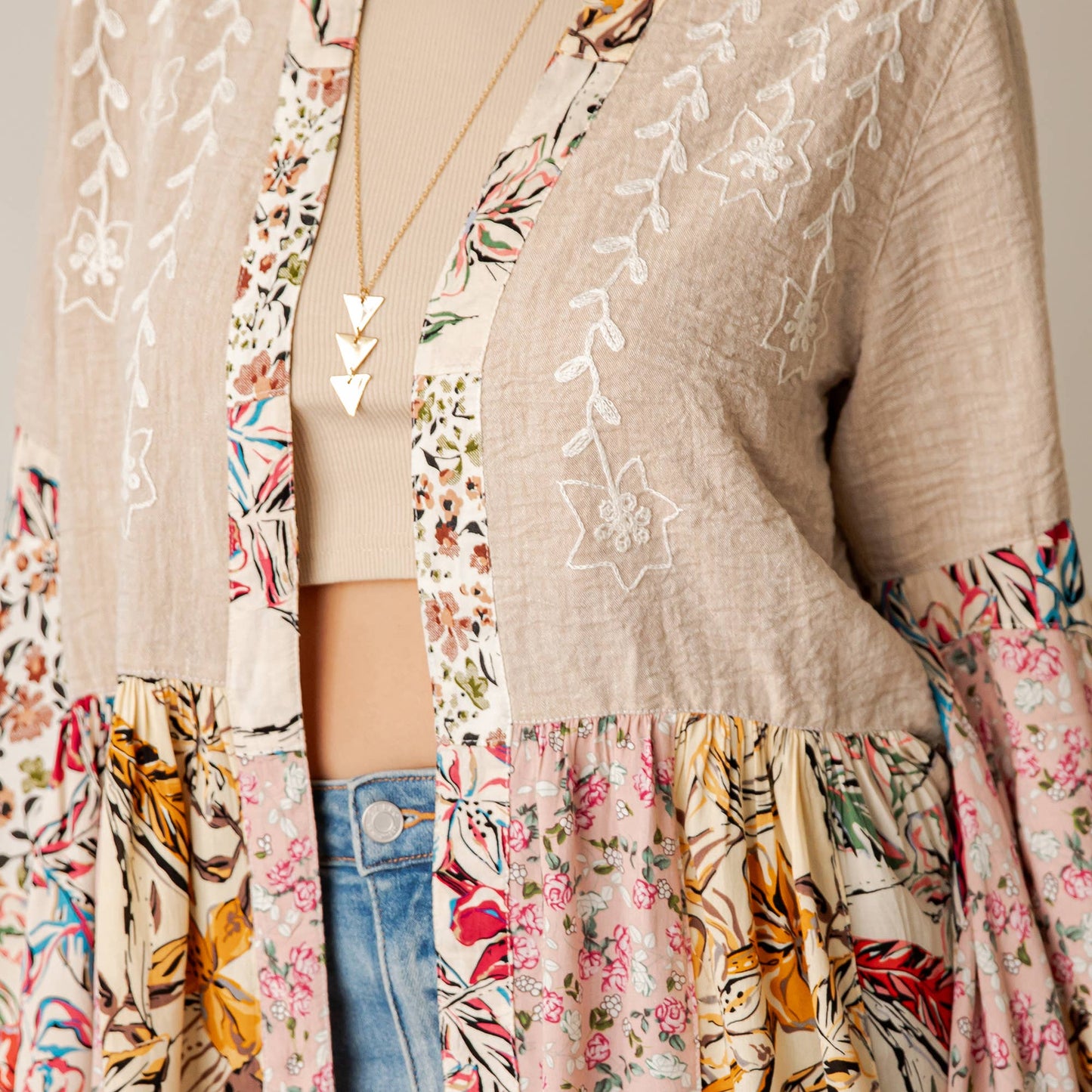 Floral Open Front Lace Trim Cardigan