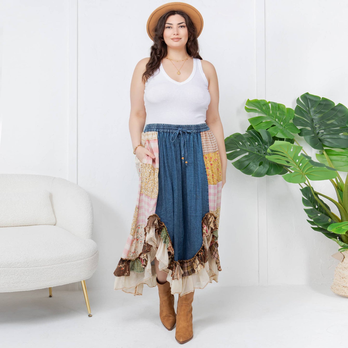 Boho Patchwork Midi Skirt