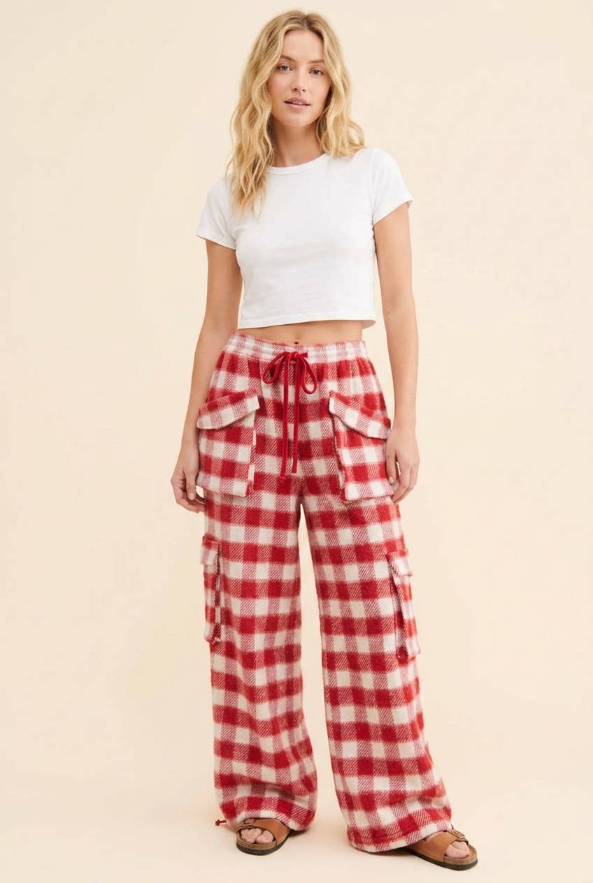 Buffalo Plaid Wide Leg Cargo Lounge Pants